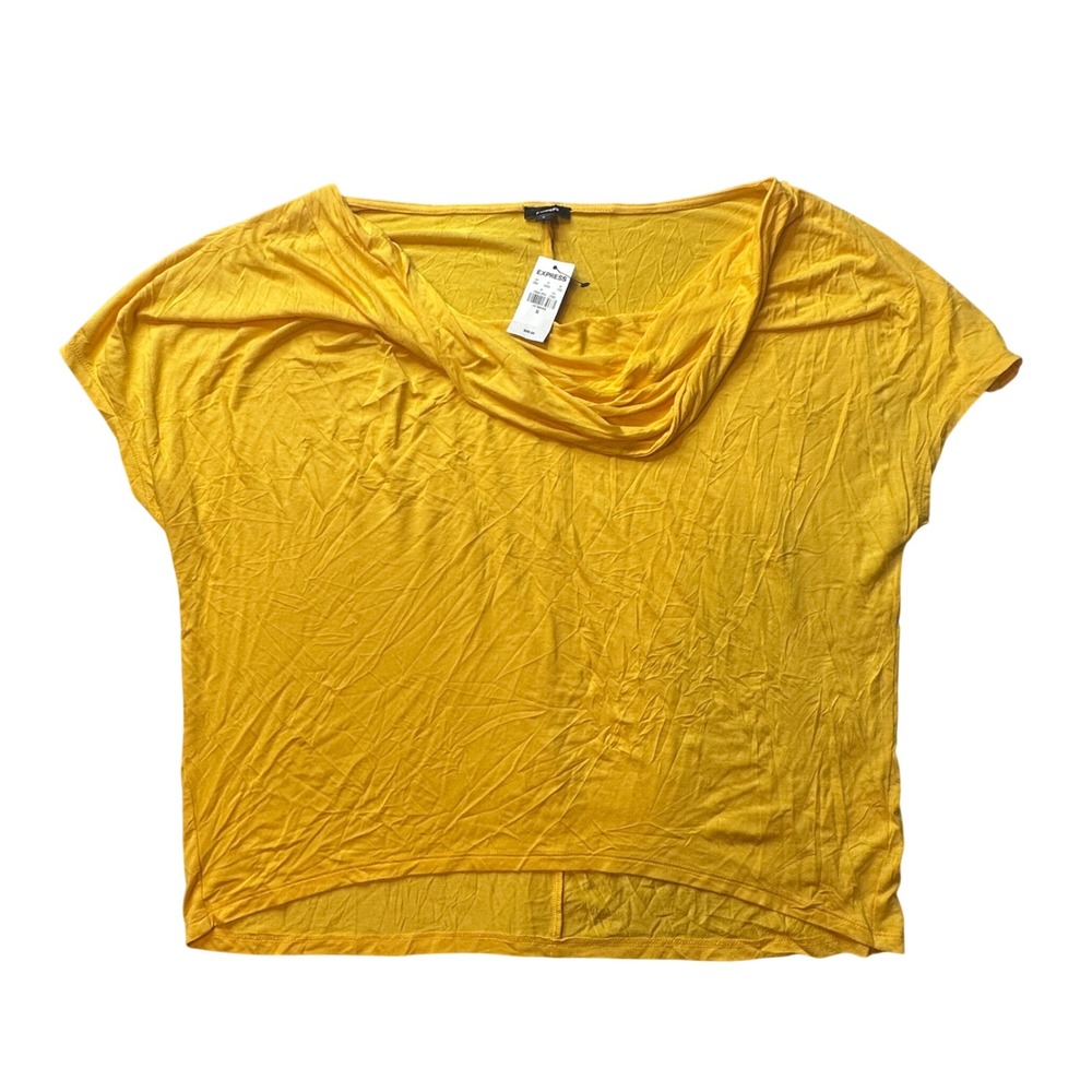 Express Top Womens M Yellow Cowl Neck Short Sleeve Dolman Rayon Spandex Blouse